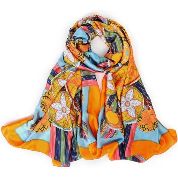 Silk Feeling Long Scarf Yellow Print - Picture 1 of 7